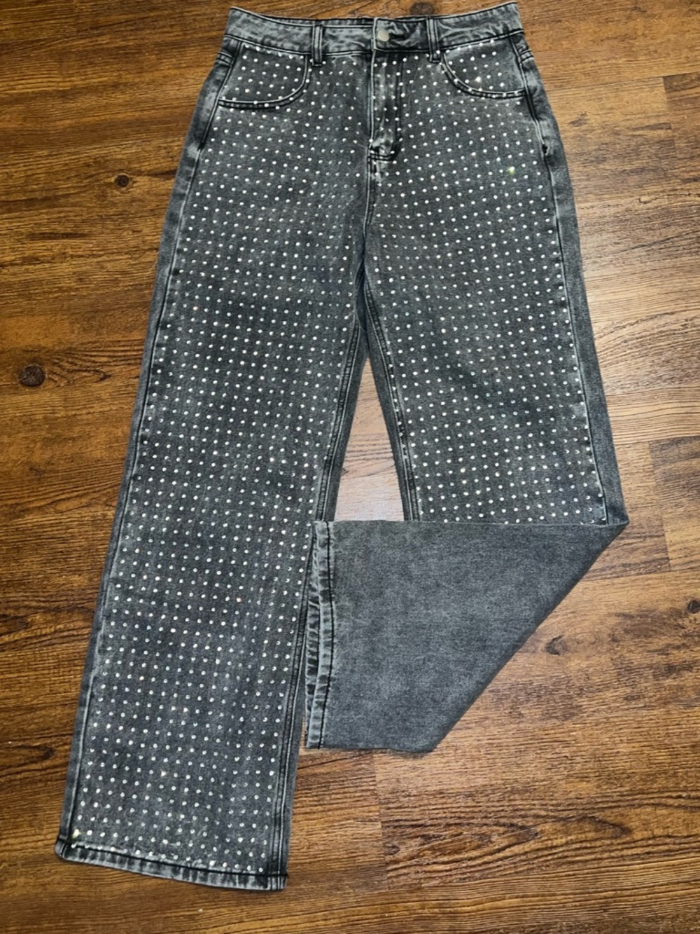 PrettyLittleThing Gray Washed High Rise Diamante Front Straight Leg Jeans Size 4 - Picture 5 of 9